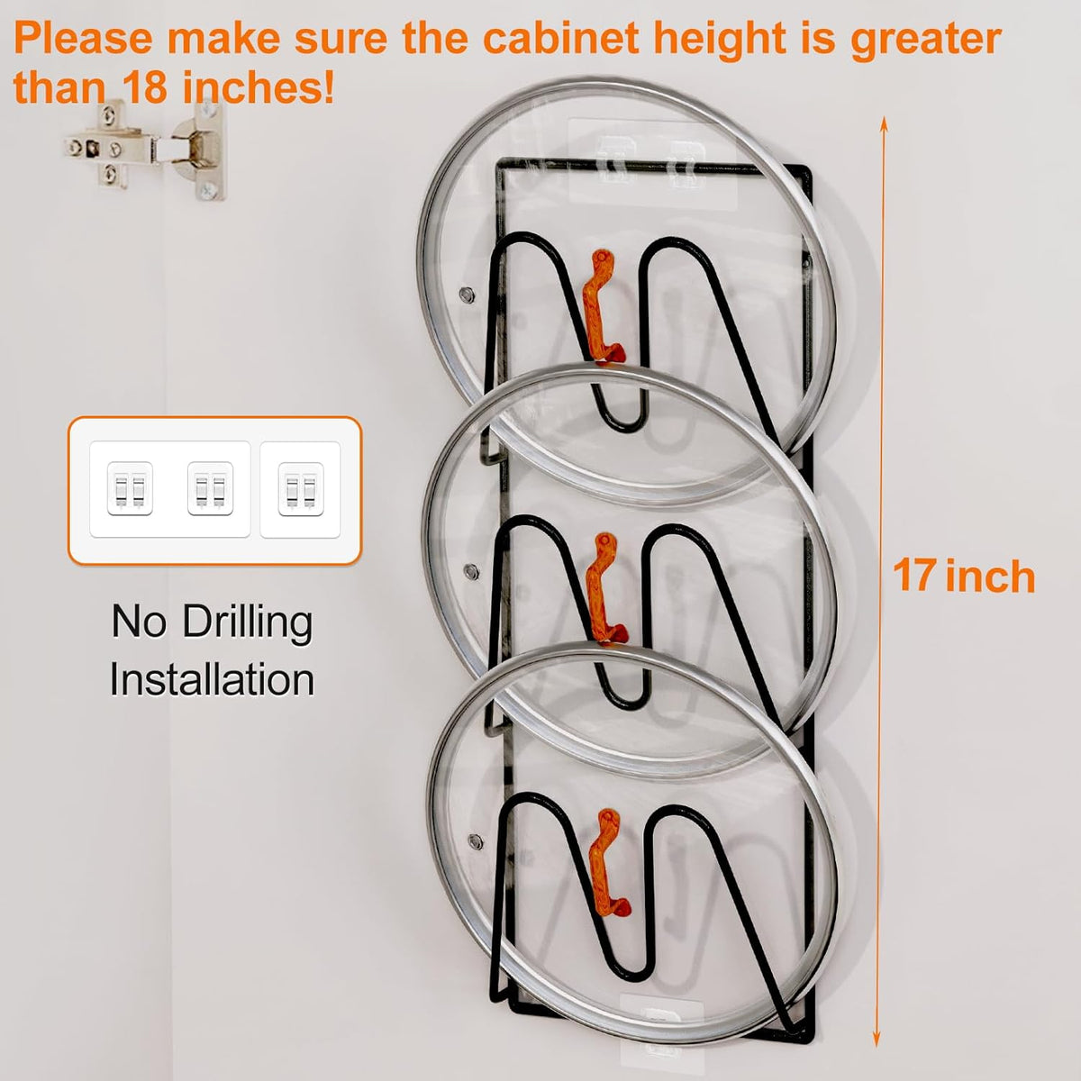 2 Pack Pot Lid Organizer, 6-Tier Lid Holder for Cabinet Door & Wall | Rustproof Metal Lid Organizer with No-Drill Adhesive Mounting for Pot and Pan Lids, Space-Saving Kitchen Storage, Black