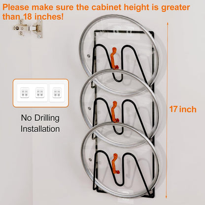 2 Pack Pot Lid Organizer, 6-Tier Lid Holder for Cabinet Door & Wall | Rustproof Metal Lid Organizer with No-Drill Adhesive Mounting for Pot and Pan Lids, Space-Saving Kitchen Storage, Black