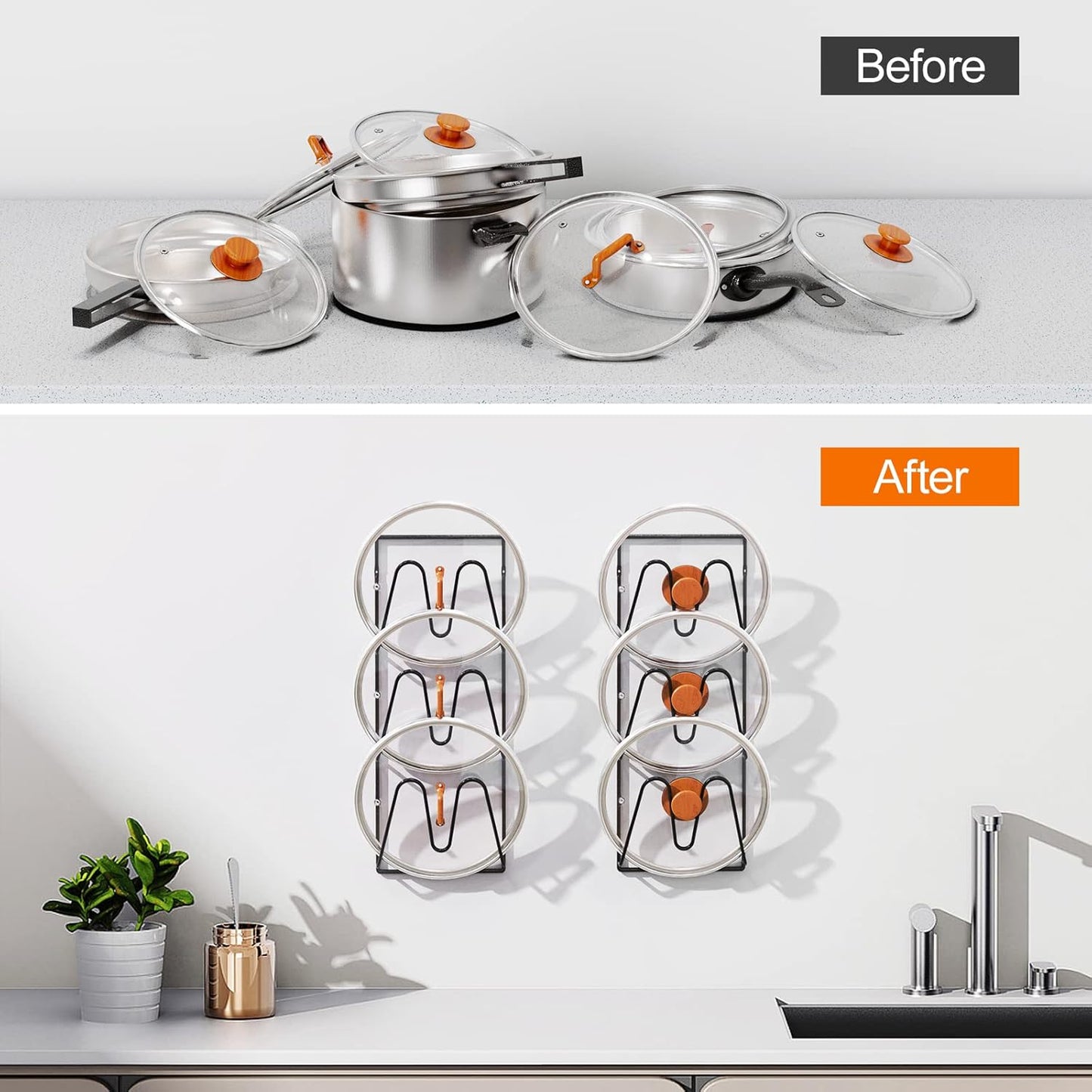 2 Pack Pot Lid Organizer, 6-Tier Lid Holder for Cabinet Door & Wall | Rustproof Metal Lid Organizer with No-Drill Adhesive Mounting for Pot and Pan Lids, Space-Saving Kitchen Storage, Black