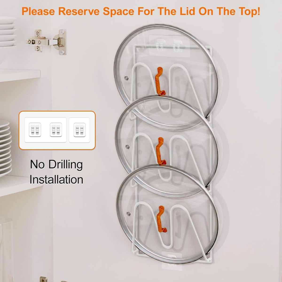 2 Pack Pot Lid Organizer, 6-Tier Lid Holder for Cabinet Door & Wall | Rustproof Metal Lid Organizer with No-Drill Adhesive Mounting for Pot and Pan Lids, Space-Saving Kitchen Storage, Black