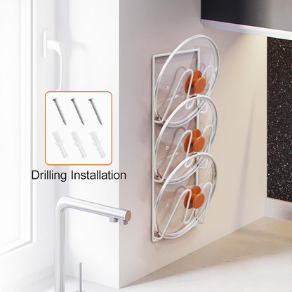 2 Pack Pot Lid Organizer, 6-Tier Lid Holder for Cabinet Door & Wall | Rustproof Metal Lid Organizer with No-Drill Adhesive Mounting for Pot and Pan Lids, Space-Saving Kitchen Storage, Black
