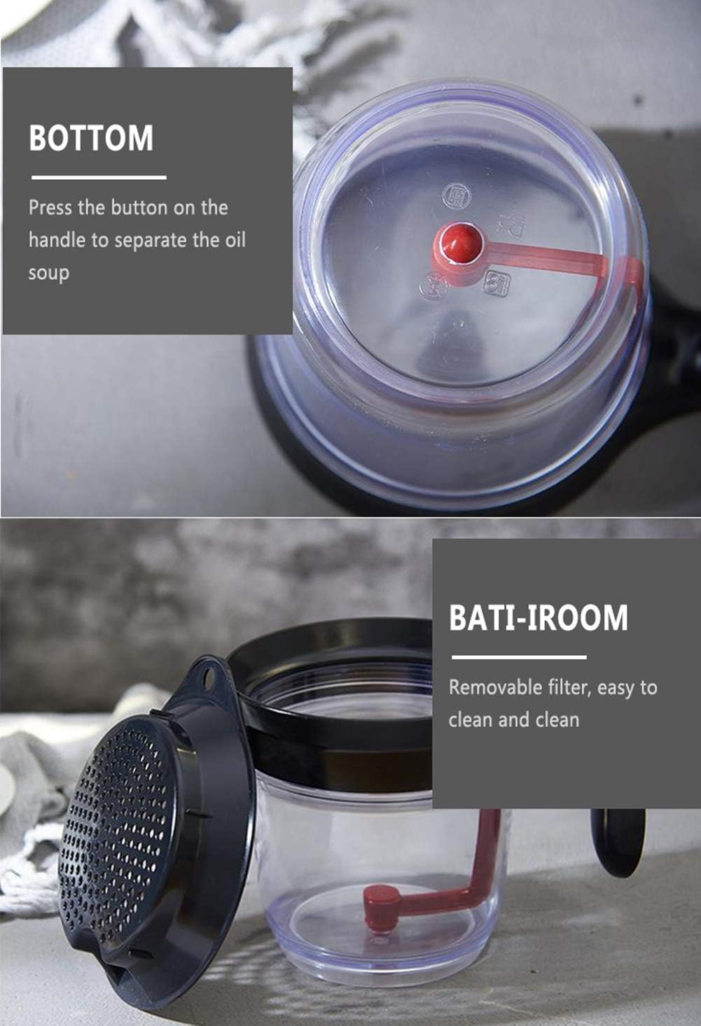 4-Cup Fat Separator Oil Separator With Bottom Release - Gravy Grease Separator for Cooking, Healthier Gravy, Soup, Easy Press Dispenser Oil Separator with Strainer