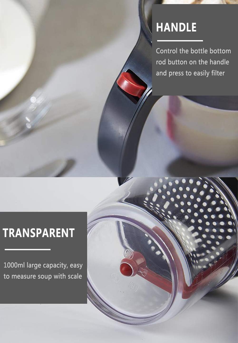 4-Cup Fat Separator Oil Separator With Bottom Release - Gravy Grease Separator for Cooking, Healthier Gravy, Soup, Easy Press Dispenser Oil Separator with Strainer