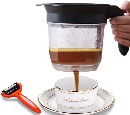 4-Cup Fat Separator Oil Separator With Bottom Release - Gravy Grease Separator for Cooking, Healthier Gravy, Soup, Easy Press Dispenser Oil Separator with Strainer