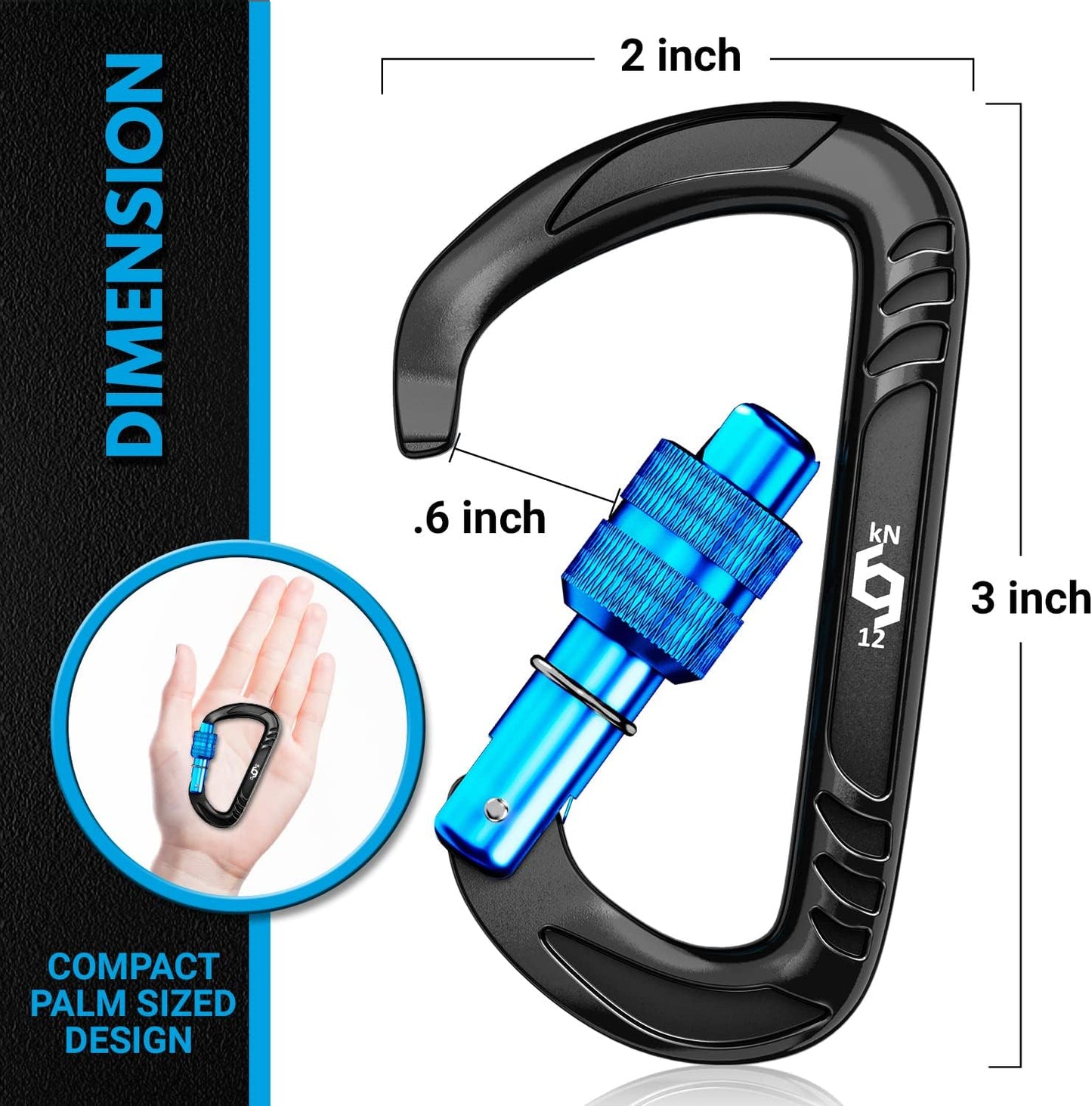 12kN Heavy Duty Carabiner Clips | 2697 lbs Capacity, For Pets, Outdoor, Camping, Hiking, Hammock, Dog Leash Harness, Keychains