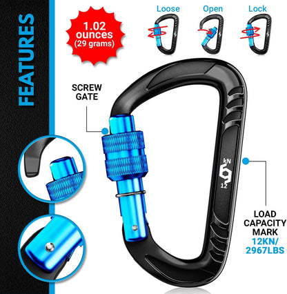 12kN Heavy Duty Carabiner Clips | 2697 lbs Capacity, For Pets, Outdoor, Camping, Hiking, Hammock, Dog Leash Harness, Keychains