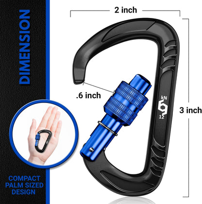12kN Heavy Duty Carabiner Clips | 2697 lbs Capacity, For Pets, Outdoor, Camping, Hiking, Hammock, Dog Leash Harness, Keychains