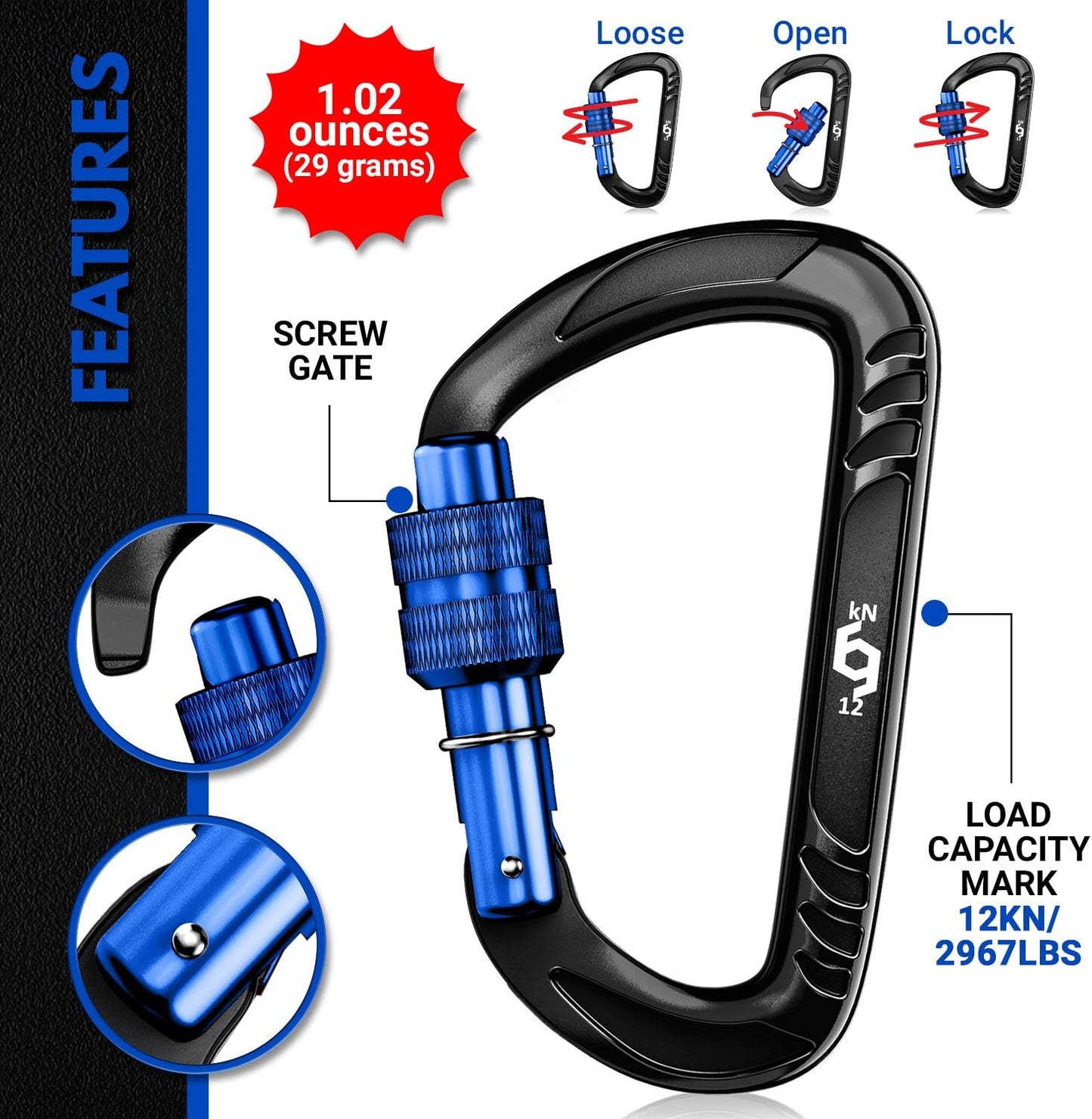 12kN Heavy Duty Carabiner Clips | 2697 lbs Capacity, For Pets, Outdoor, Camping, Hiking, Hammock, Dog Leash Harness, Keychains