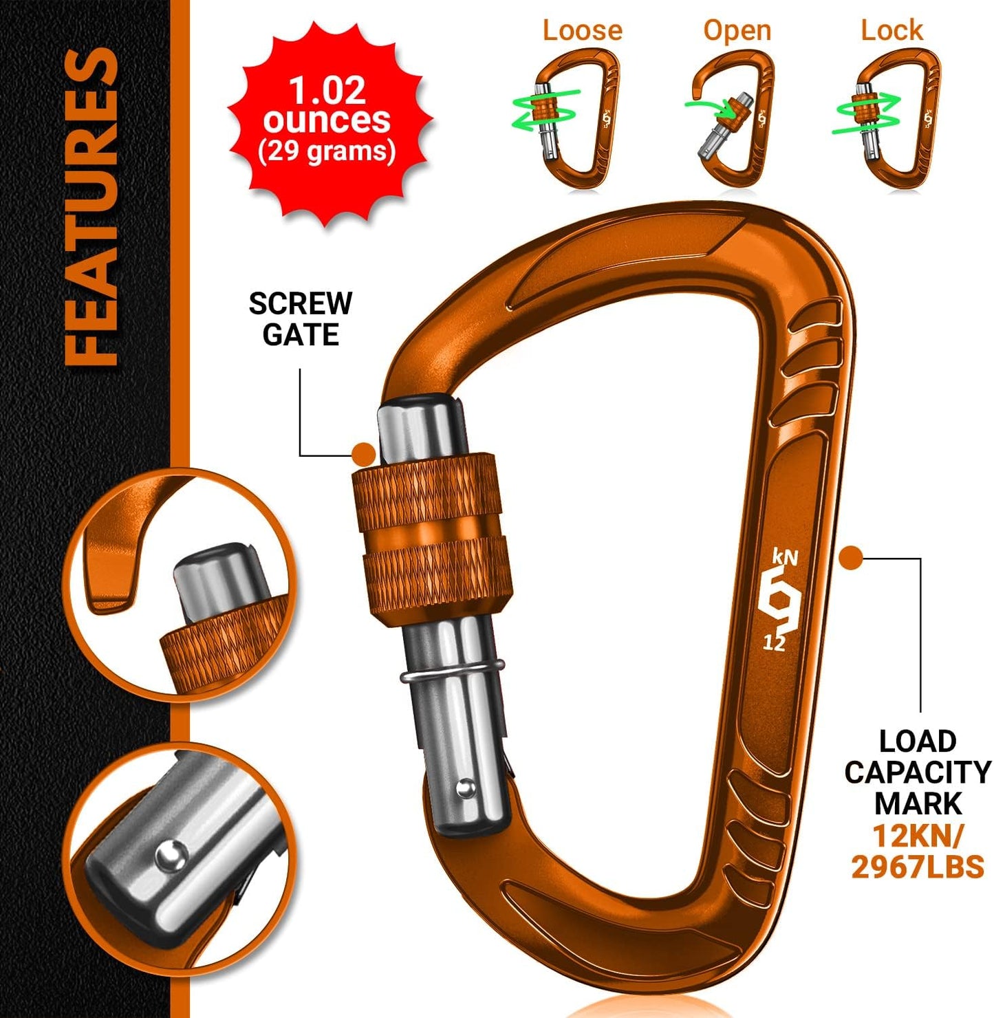 12kN Heavy Duty Carabiner Clips | 2697 lbs Capacity, For Pets, Outdoor, Camping, Hiking, Hammock, Dog Leash Harness, Keychains