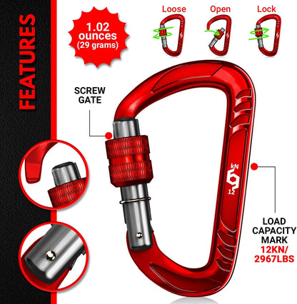 12kN Heavy Duty Carabiner Clips | 2697 lbs Capacity, For Pets, Outdoor, Camping, Hiking, Hammock, Dog Leash Harness, Keychains