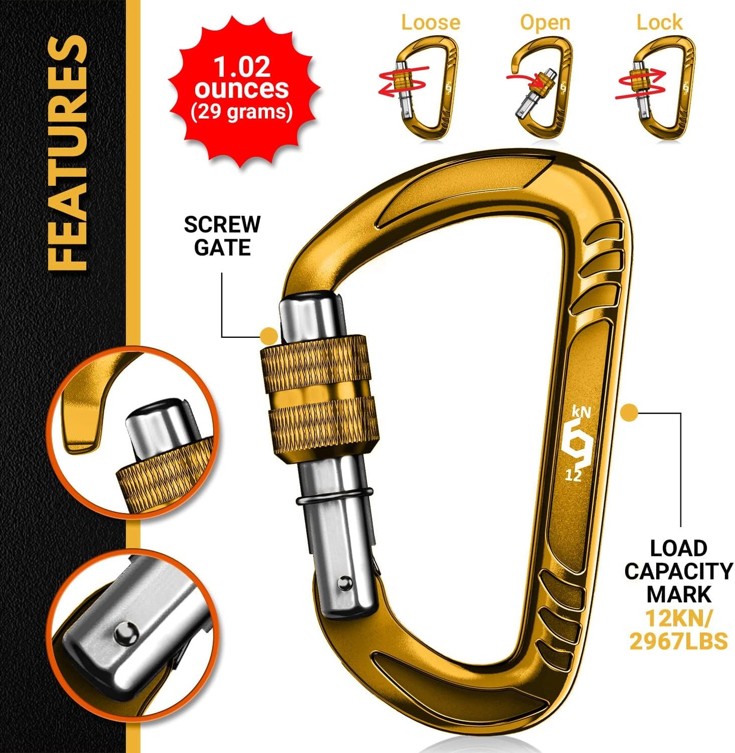 12kN Heavy Duty Carabiner Clips | 2697 lbs Capacity, For Pets, Outdoor, Camping, Hiking, Hammock, Dog Leash Harness, Keychains