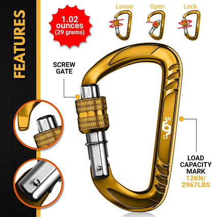 12kN Heavy Duty Carabiner Clips | 2697 lbs Capacity, For Pets, Outdoor, Camping, Hiking, Hammock, Dog Leash Harness, Keychains