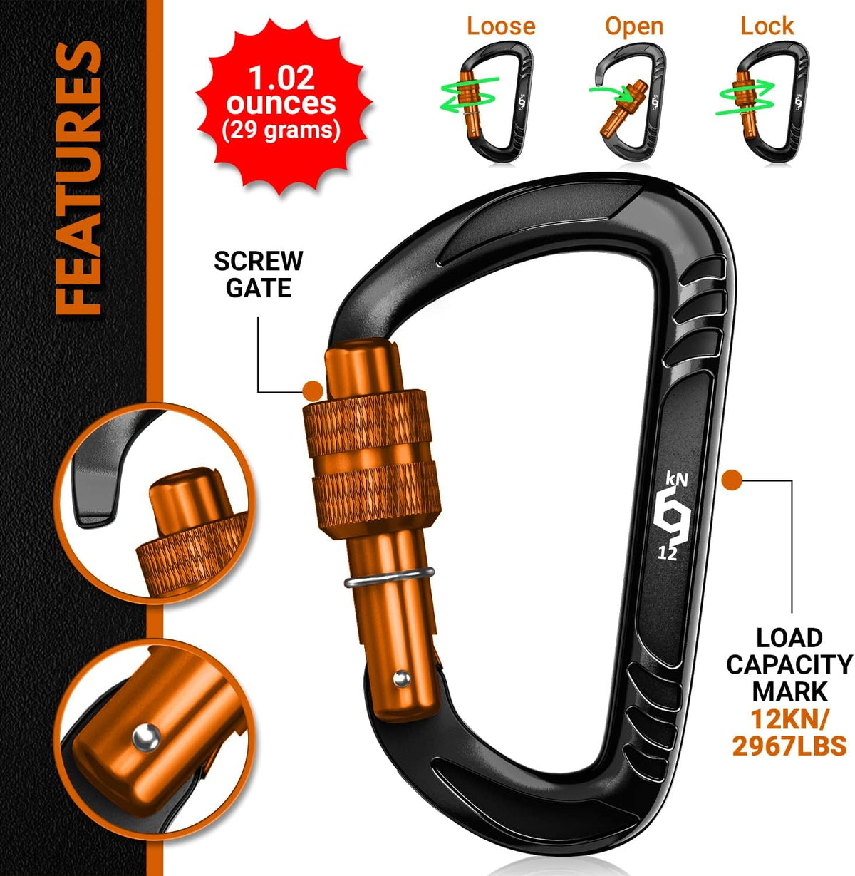 12kN Heavy Duty Carabiner Clips | 2697 lbs Capacity, For Pets, Outdoor, Camping, Hiking, Hammock, Dog Leash Harness, Keychains