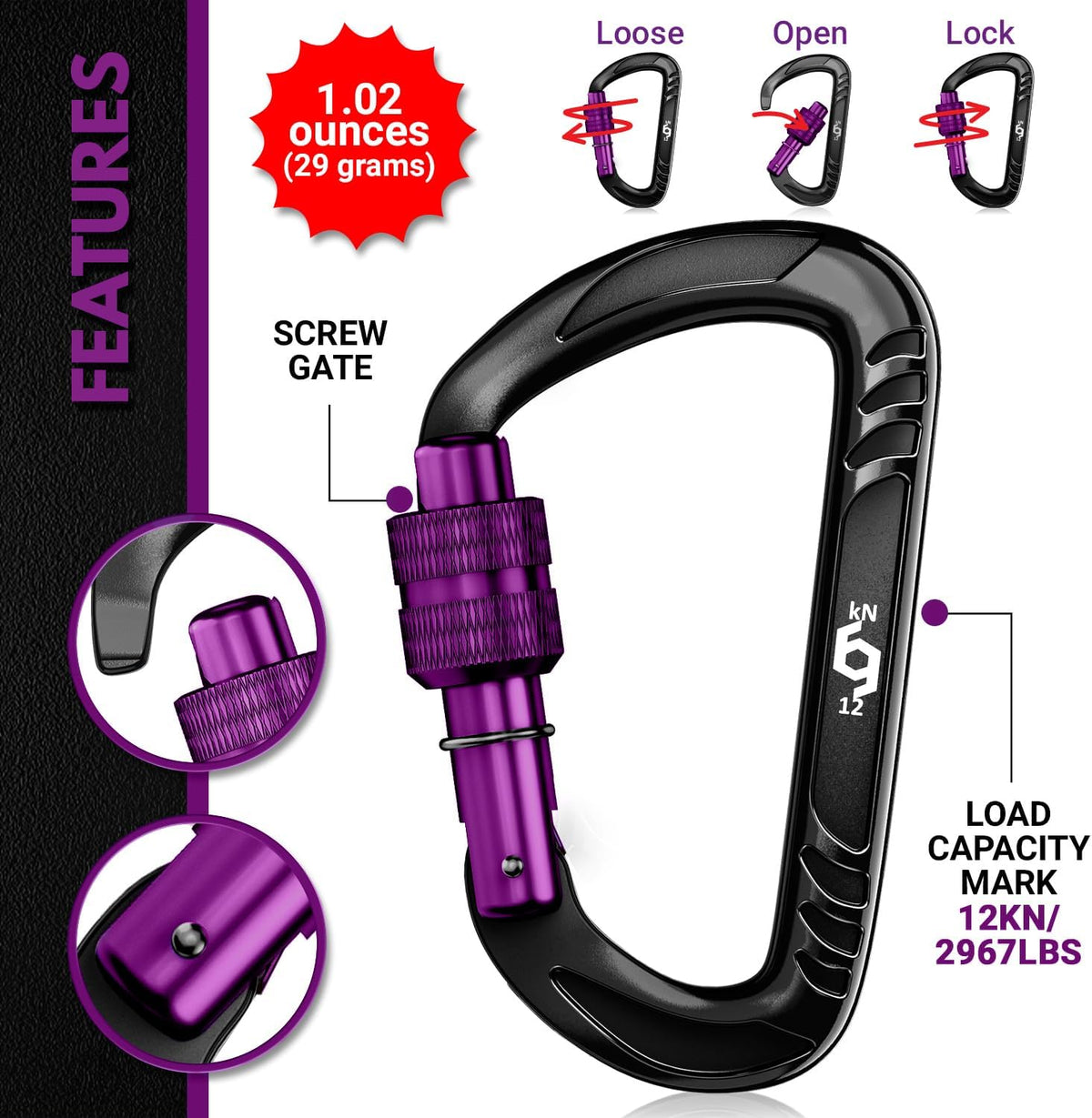 12kN Heavy Duty Carabiner Clips | 2697 lbs Capacity, For Pets, Outdoor, Camping, Hiking, Hammock, Dog Leash Harness, Keychains