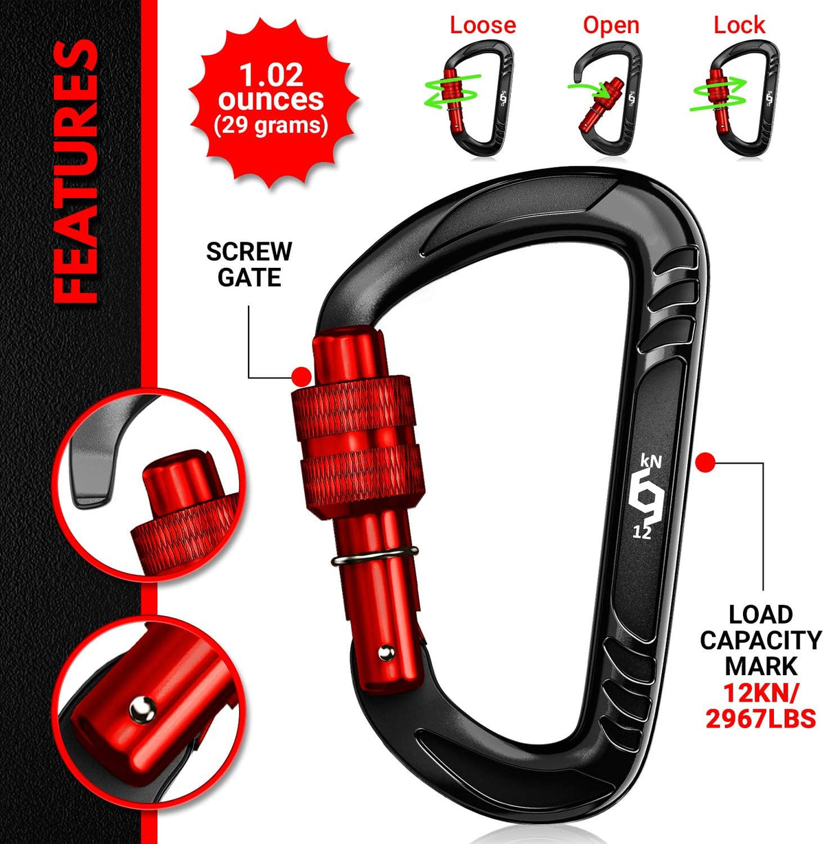 12kN Heavy Duty Carabiner Clips | 2697 lbs Capacity, For Pets, Outdoor, Camping, Hiking, Hammock, Dog Leash Harness, Keychains