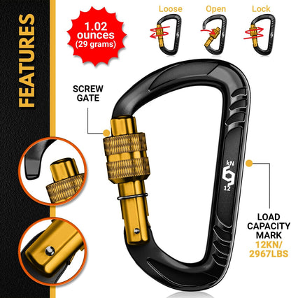 12kN Heavy Duty Carabiner Clips | 2697 lbs Capacity, For Pets, Outdoor, Camping, Hiking, Hammock, Dog Leash Harness, Keychains
