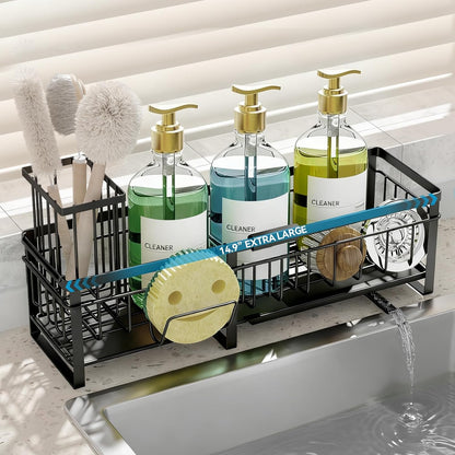 Extra Large Extendable Sponge Holder for Kitchen Sink Caddy Organizer | Rustproof Sink Caddy Organizer with High Brush Holder, Dish Soap Dispenser Organizers and Storage (Black)