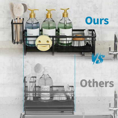 Extra Large Extendable Sponge Holder for Kitchen Sink Caddy Organizer | Rustproof Sink Caddy Organizer with High Brush Holder, Dish Soap Dispenser Organizers and Storage (Black)