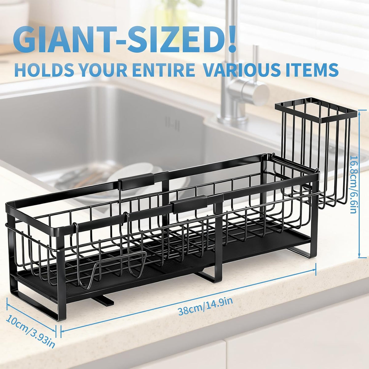 Extra Large Extendable Sponge Holder for Kitchen Sink Caddy Organizer | Rustproof Sink Caddy Organizer with High Brush Holder, Dish Soap Dispenser Organizers and Storage (Black)