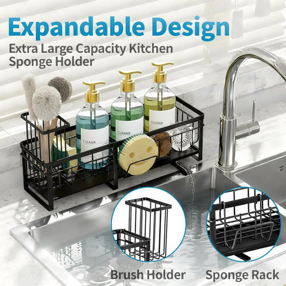 Extra Large Extendable Sponge Holder for Kitchen Sink Caddy Organizer | Rustproof Sink Caddy Organizer with High Brush Holder, Dish Soap Dispenser Organizers and Storage (Black)