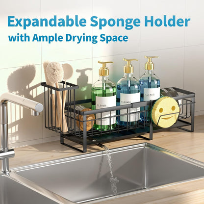 Extra Large Extendable Sponge Holder for Kitchen Sink Caddy Organizer | Rustproof Sink Caddy Organizer with High Brush Holder, Dish Soap Dispenser Organizers and Storage (Black)