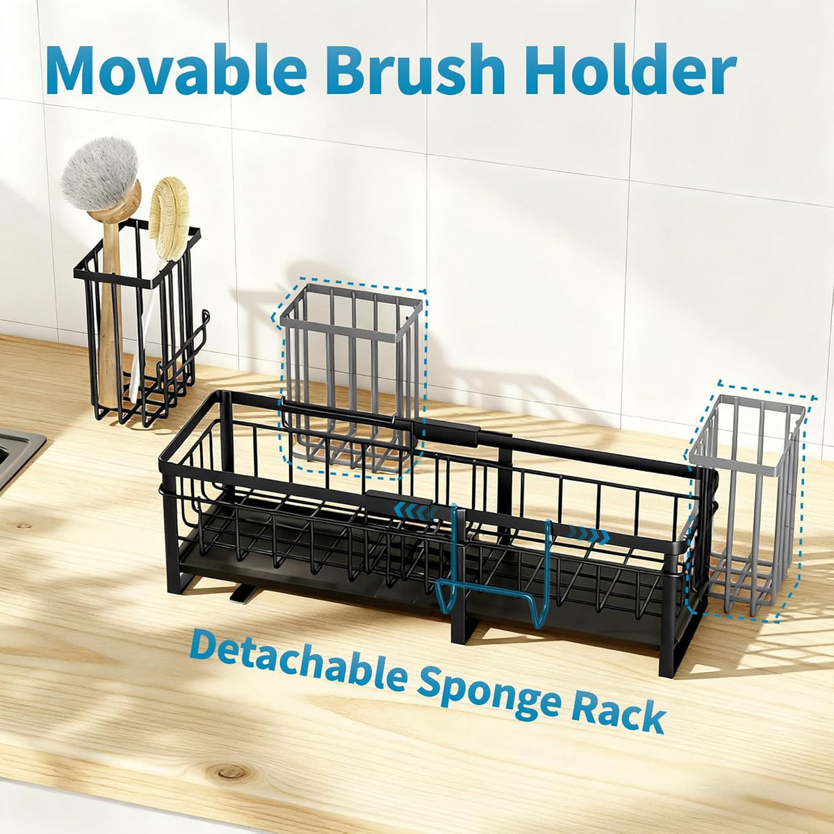 Extra Large Extendable Sponge Holder for Kitchen Sink Caddy Organizer | Rustproof Sink Caddy Organizer with High Brush Holder, Dish Soap Dispenser Organizers and Storage (Black)