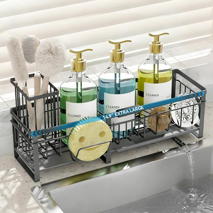 Extra Large Extendable Sponge Holder for Kitchen Sink Caddy Organizer | Rustproof Sink Caddy Organizer with High Brush Holder, Dish Soap Dispenser Organizers and Storage (Black)