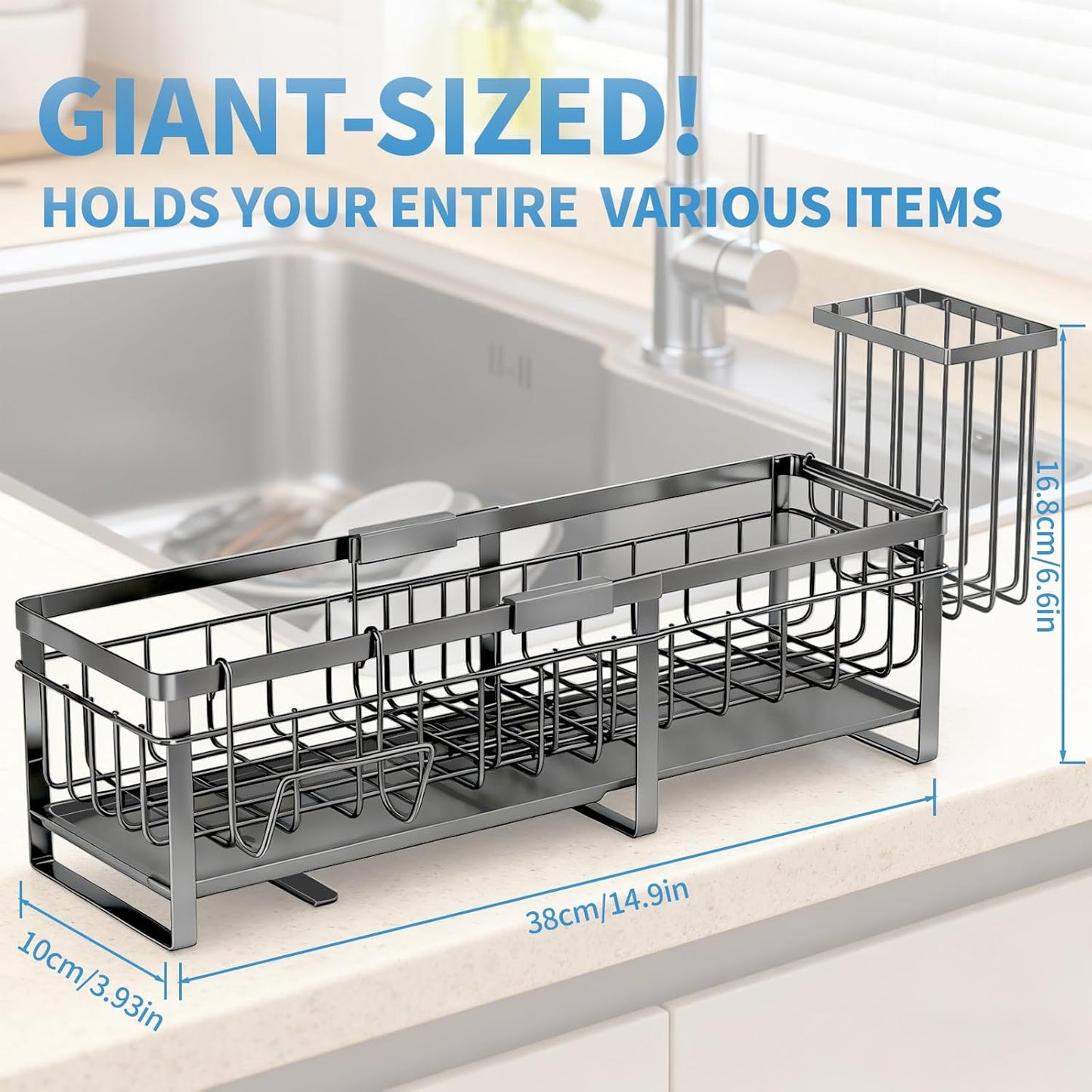 Extra Large Extendable Sponge Holder for Kitchen Sink Caddy Organizer | Rustproof Sink Caddy Organizer with High Brush Holder, Dish Soap Dispenser Organizers and Storage (Black)