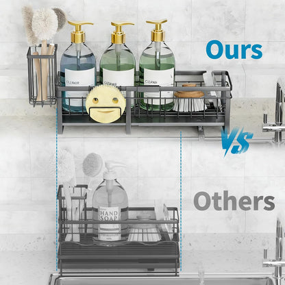 Extra Large Extendable Sponge Holder for Kitchen Sink Caddy Organizer | Rustproof Sink Caddy Organizer with High Brush Holder, Dish Soap Dispenser Organizers and Storage (Black)