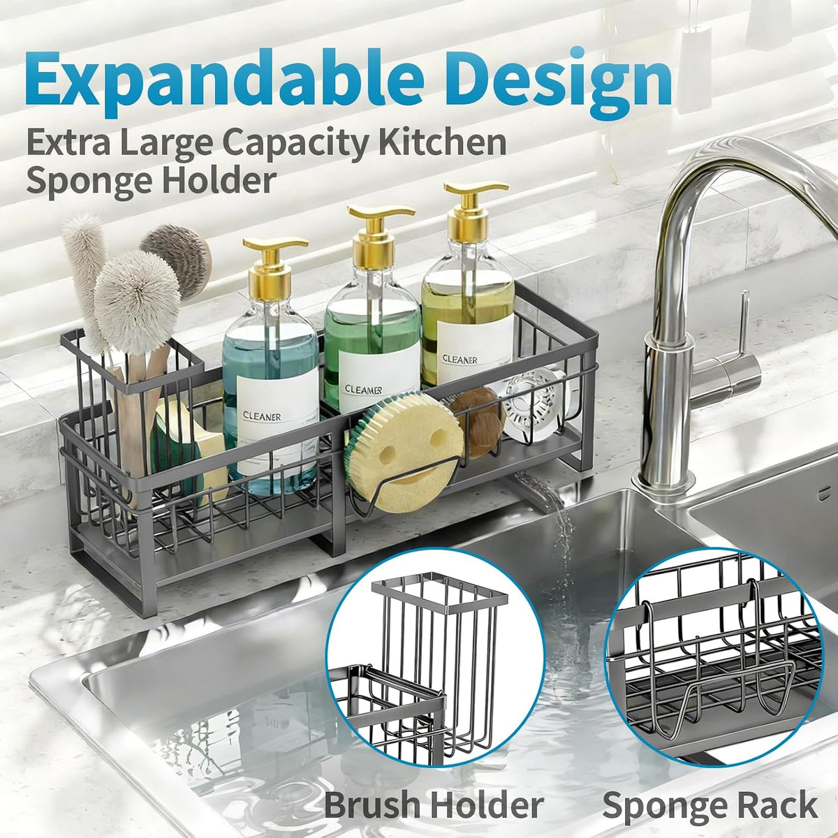 Extra Large Extendable Sponge Holder for Kitchen Sink Caddy Organizer | Rustproof Sink Caddy Organizer with High Brush Holder, Dish Soap Dispenser Organizers and Storage (Black)
