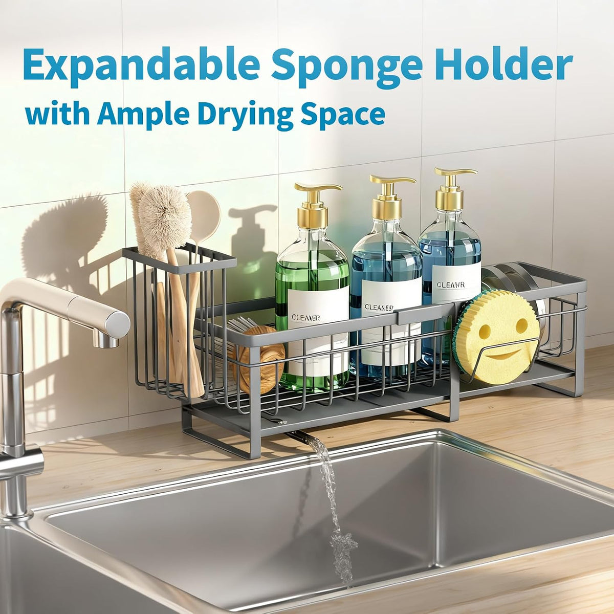 Extra Large Extendable Sponge Holder for Kitchen Sink Caddy Organizer | Rustproof Sink Caddy Organizer with High Brush Holder, Dish Soap Dispenser Organizers and Storage (Black)