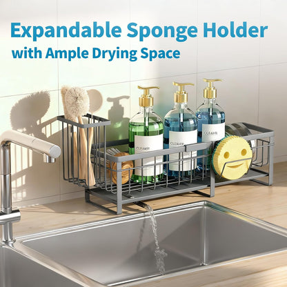 Extra Large Extendable Sponge Holder for Kitchen Sink Caddy Organizer | Rustproof Sink Caddy Organizer with High Brush Holder, Dish Soap Dispenser Organizers and Storage (Black)