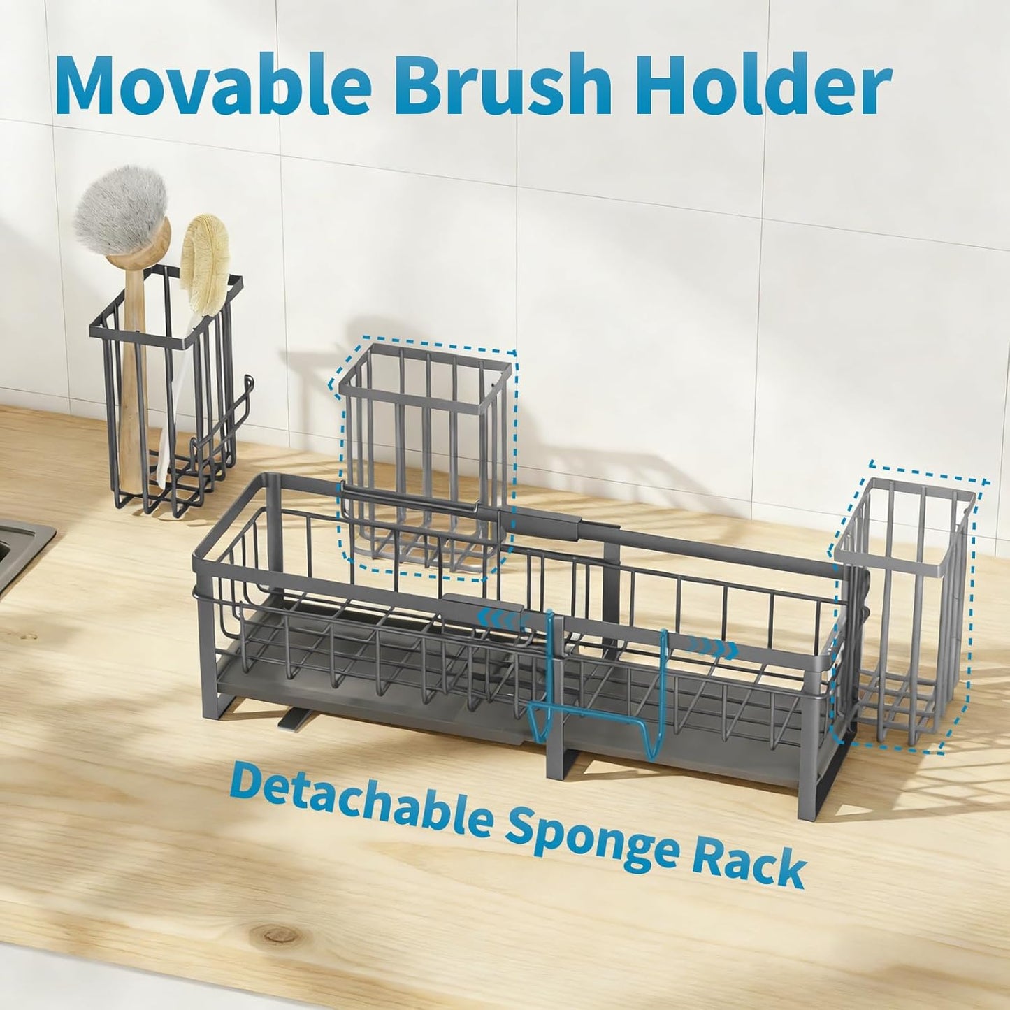Extra Large Extendable Sponge Holder for Kitchen Sink Caddy Organizer | Rustproof Sink Caddy Organizer with High Brush Holder, Dish Soap Dispenser Organizers and Storage (Black)