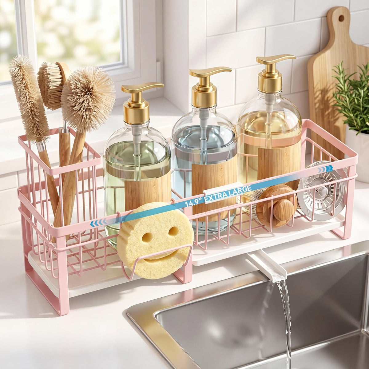 Extra Large Extendable Sponge Holder for Kitchen Sink Caddy Organizer | Rustproof Sink Caddy Organizer with High Brush Holder, Dish Soap Dispenser Organizers and Storage (Black)