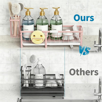 Extra Large Extendable Sponge Holder for Kitchen Sink Caddy Organizer | Rustproof Sink Caddy Organizer with High Brush Holder, Dish Soap Dispenser Organizers and Storage (Black)