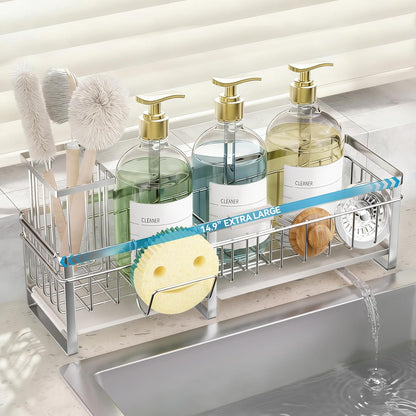 Extra Large Extendable Sponge Holder for Kitchen Sink Caddy Organizer | Rustproof Sink Caddy Organizer with High Brush Holder, Dish Soap Dispenser Organizers and Storage (Black)