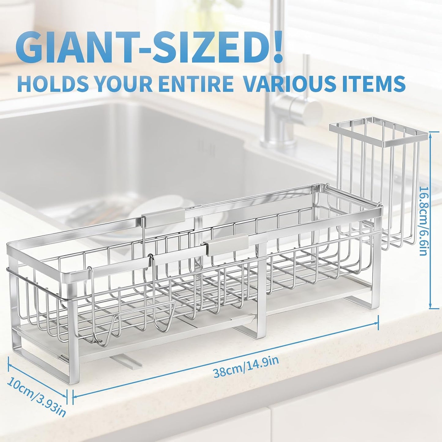 Extra Large Extendable Sponge Holder for Kitchen Sink Caddy Organizer | Rustproof Sink Caddy Organizer with High Brush Holder, Dish Soap Dispenser Organizers and Storage (Black)