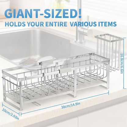 Extra Large Extendable Sponge Holder for Kitchen Sink Caddy Organizer | Rustproof Sink Caddy Organizer with High Brush Holder, Dish Soap Dispenser Organizers and Storage (Black)