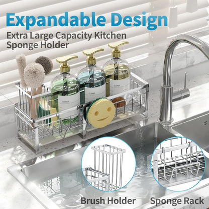 Extra Large Extendable Sponge Holder for Kitchen Sink Caddy Organizer | Rustproof Sink Caddy Organizer with High Brush Holder, Dish Soap Dispenser Organizers and Storage (Black)