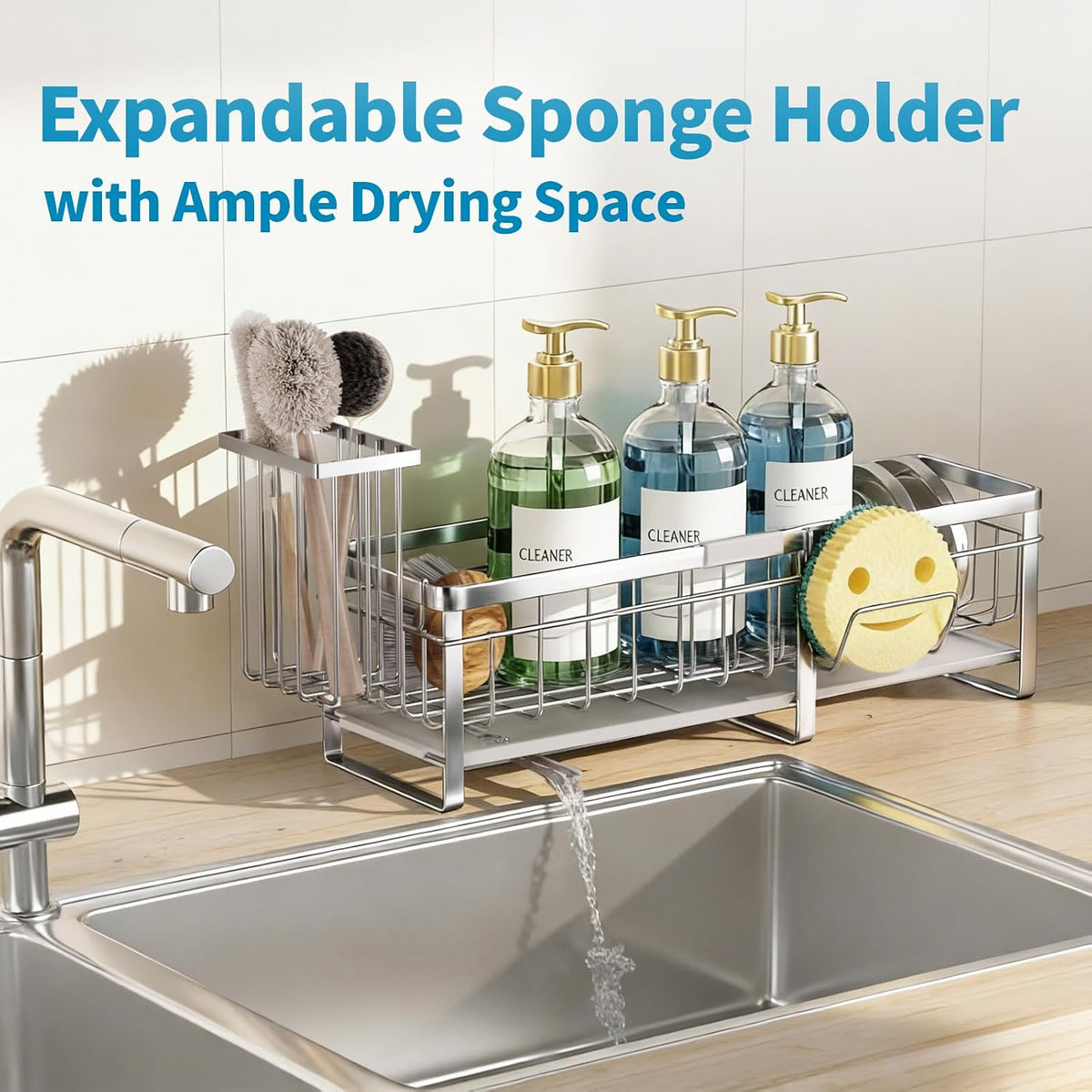Extra Large Extendable Sponge Holder for Kitchen Sink Caddy Organizer | Rustproof Sink Caddy Organizer with High Brush Holder, Dish Soap Dispenser Organizers and Storage (Black)