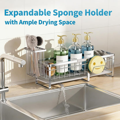 Extra Large Extendable Sponge Holder for Kitchen Sink Caddy Organizer | Rustproof Sink Caddy Organizer with High Brush Holder, Dish Soap Dispenser Organizers and Storage (Black)