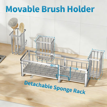 Extra Large Extendable Sponge Holder for Kitchen Sink Caddy Organizer | Rustproof Sink Caddy Organizer with High Brush Holder, Dish Soap Dispenser Organizers and Storage (Black)