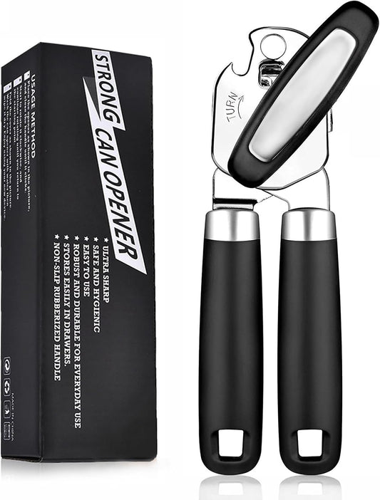 Can Opener Manual with Smooth Edge - Heavy Duty Stainless Steel Handheld Opener for Seniors, Opens Cans & Jars, Ergonomic Grip, Easy Clean (Abre Latas/Abridor de Latas)