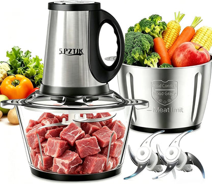 3-Speed Electric Food Processor: Meat Grinder, Vegetable Chopper & Baby Food Maker - 300W, 2 Bowls (8 Cup Stainless Steel+8 Cup Glass), Quiet Operation