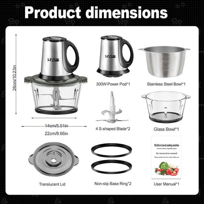 3-Speed Electric Food Processor: Meat Grinder, Vegetable Chopper & Baby Food Maker - 300W, 2 Bowls (8 Cup Stainless Steel+8 Cup Glass), Quiet Operation