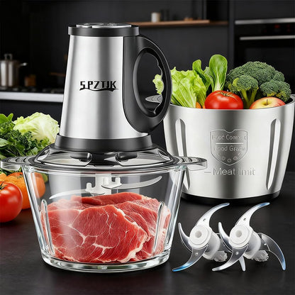 3-Speed Electric Food Processor: Meat Grinder, Vegetable Chopper & Baby Food Maker - 300W, 2 Bowls (8 Cup Stainless Steel+8 Cup Glass), Quiet Operation