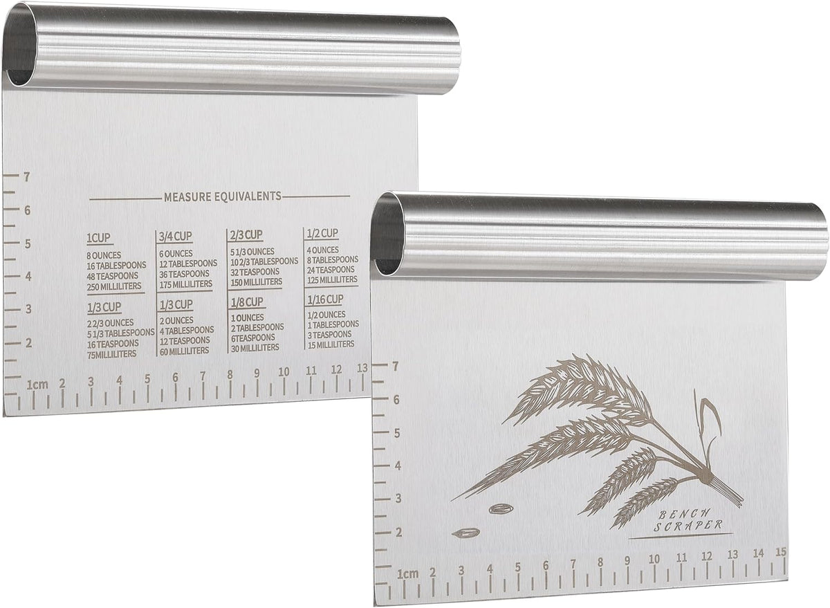 2PCS Dough Pastry Bench Cutter Scraper, Stainless Steel Kitchen Food Scraper with Protective Cover, Anti-Wear Laser-Engraved Measuring Scale and Ear Of Wheat, Dishwasher Safe (2Pack, 6 inch)