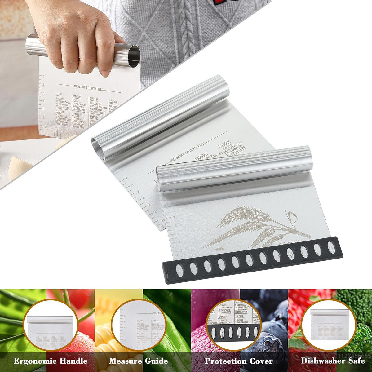 2PCS Dough Pastry Bench Cutter Scraper, Stainless Steel Kitchen Food Scraper with Protective Cover, Anti-Wear Laser-Engraved Measuring Scale and Ear Of Wheat, Dishwasher Safe (2Pack, 6 inch)
