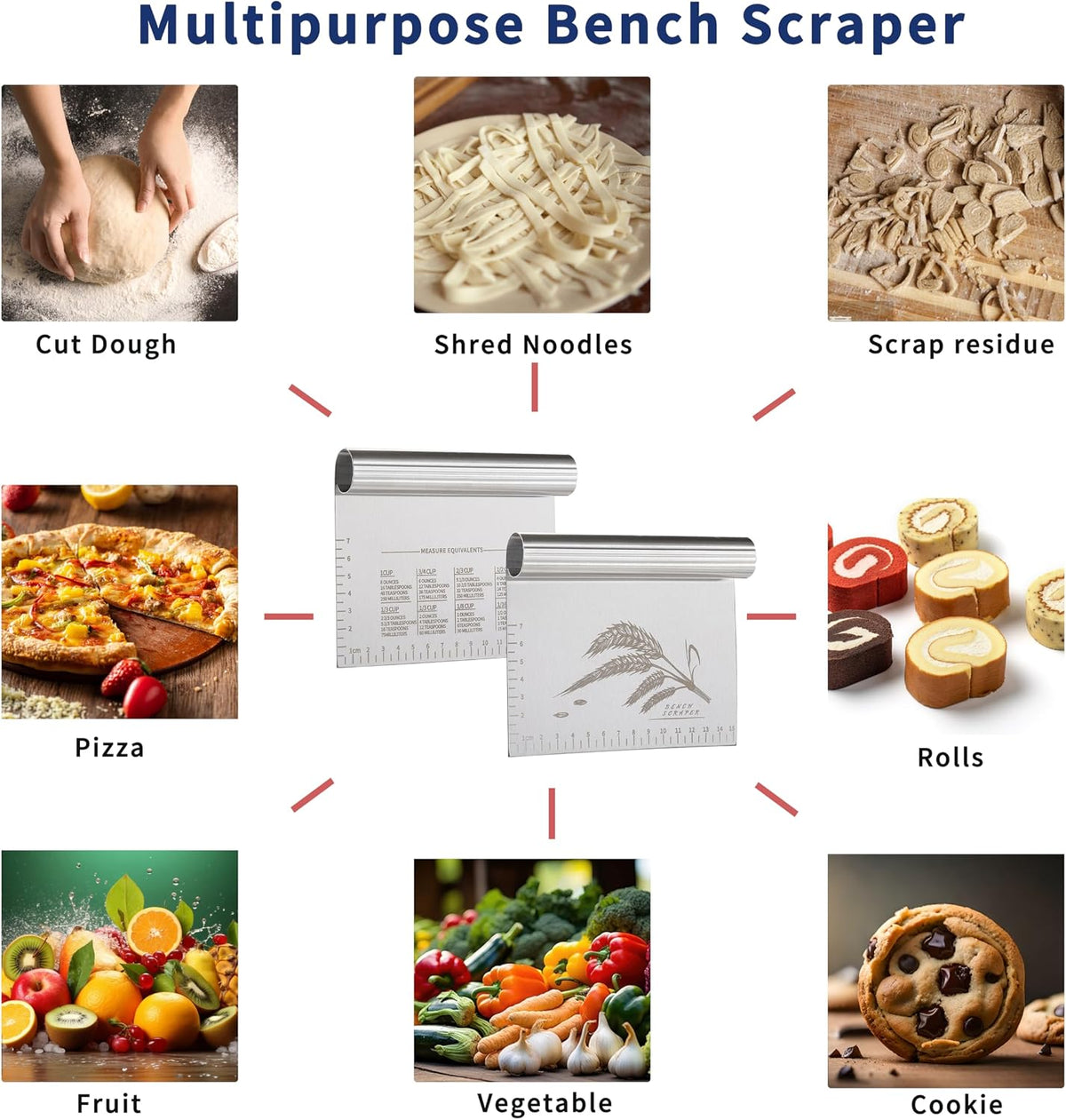 2PCS Dough Pastry Bench Cutter Scraper, Stainless Steel Kitchen Food Scraper with Protective Cover, Anti-Wear Laser-Engraved Measuring Scale and Ear Of Wheat, Dishwasher Safe (2Pack, 6 inch)