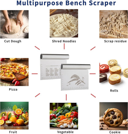 2PCS Dough Pastry Bench Cutter Scraper, Stainless Steel Kitchen Food Scraper with Protective Cover, Anti-Wear Laser-Engraved Measuring Scale and Ear Of Wheat, Dishwasher Safe (2Pack, 6 inch)